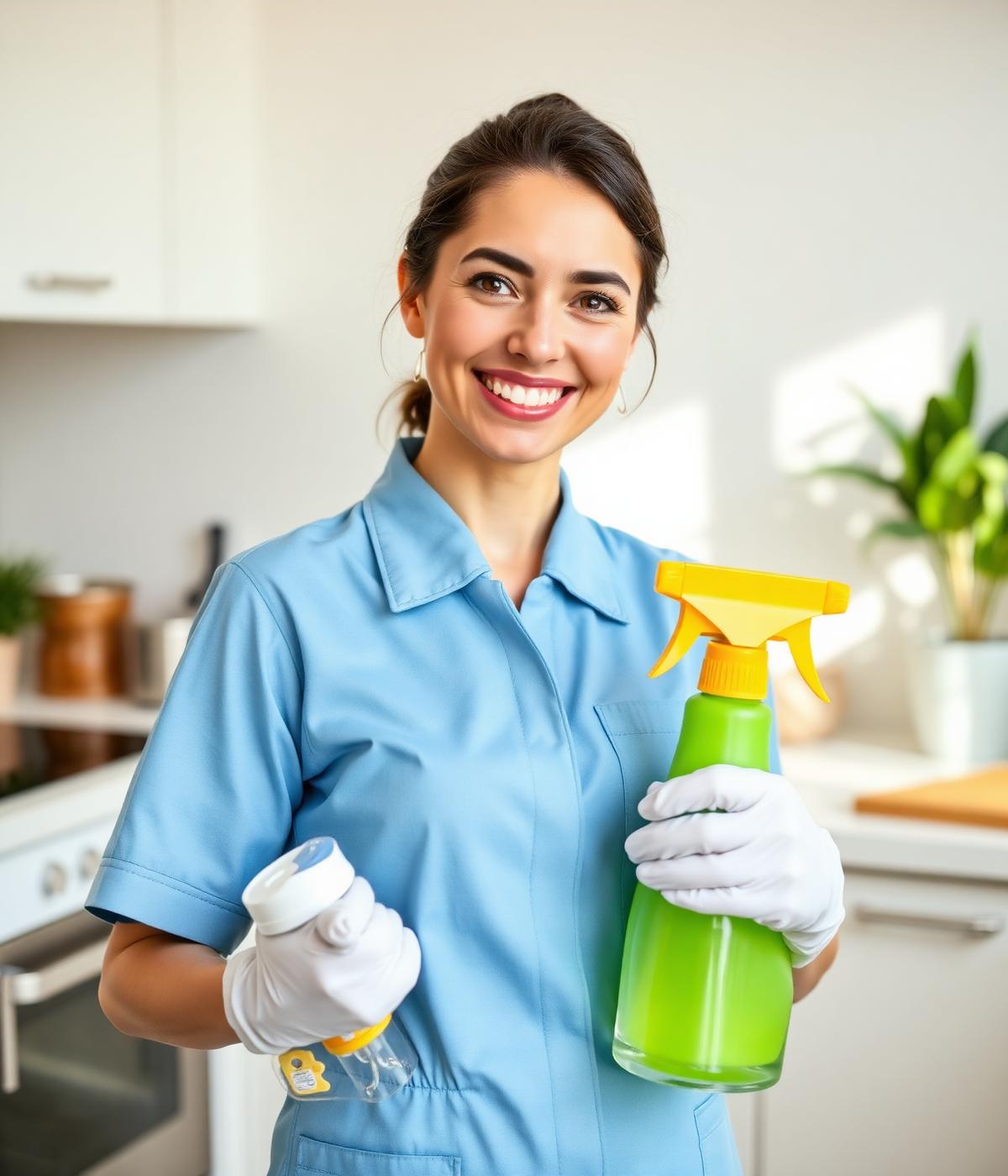 A friendly SaniWave cleaner smiling in a bright kitchen